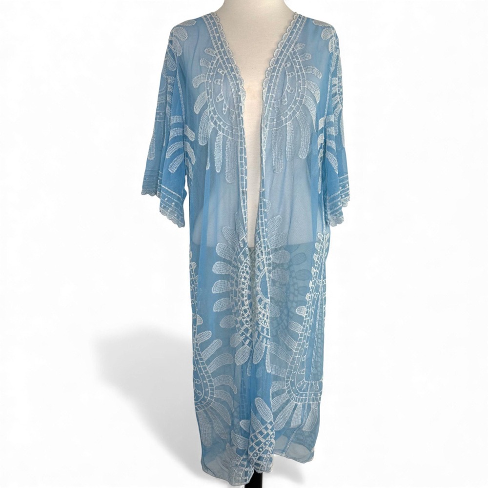 Rebellion Blue Sheer Embroidered Kimono Fairy Boho Mesh‎ Cover Up Fits Medium